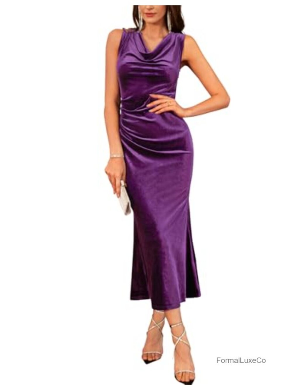Velvet Cowl Neck Mermaid Formal Dress Sleeveless Ruched